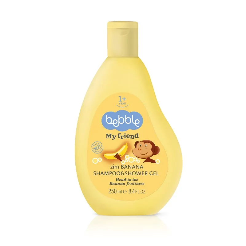 Sampon si gel de dus pentru copii 2 in 1 cu aroma de banana My Friend, 250 ml, Bebble