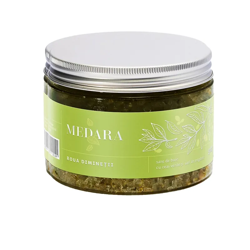 Sare de baie cu ceai verde si ulei de migdale Roua diminetii Medara, 500 g, Mebra