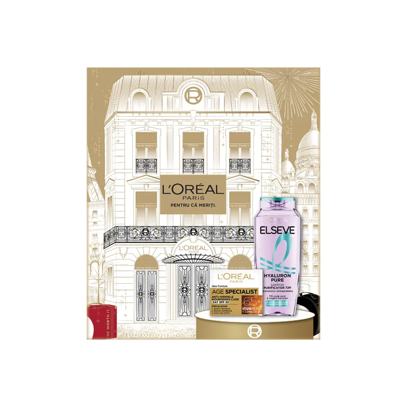 Pachet Crema antirid hranitoare de zi Age Specialist 65+ 50ml + Sampon purificator Elseve Hyaluron Pure 400ml, L'Oreal Paris