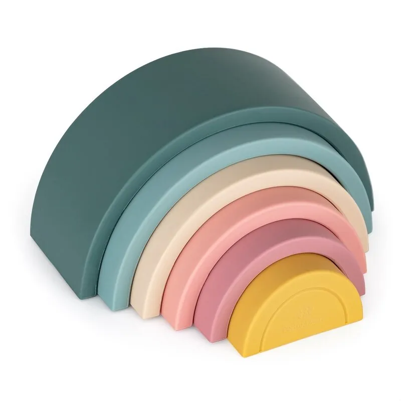 Jucarie pentru stivuire, curcubeu, 14x7.5x5 cm, silicon, fara BPA, 6 piese, 12 luni+, verde, Petite&Mars