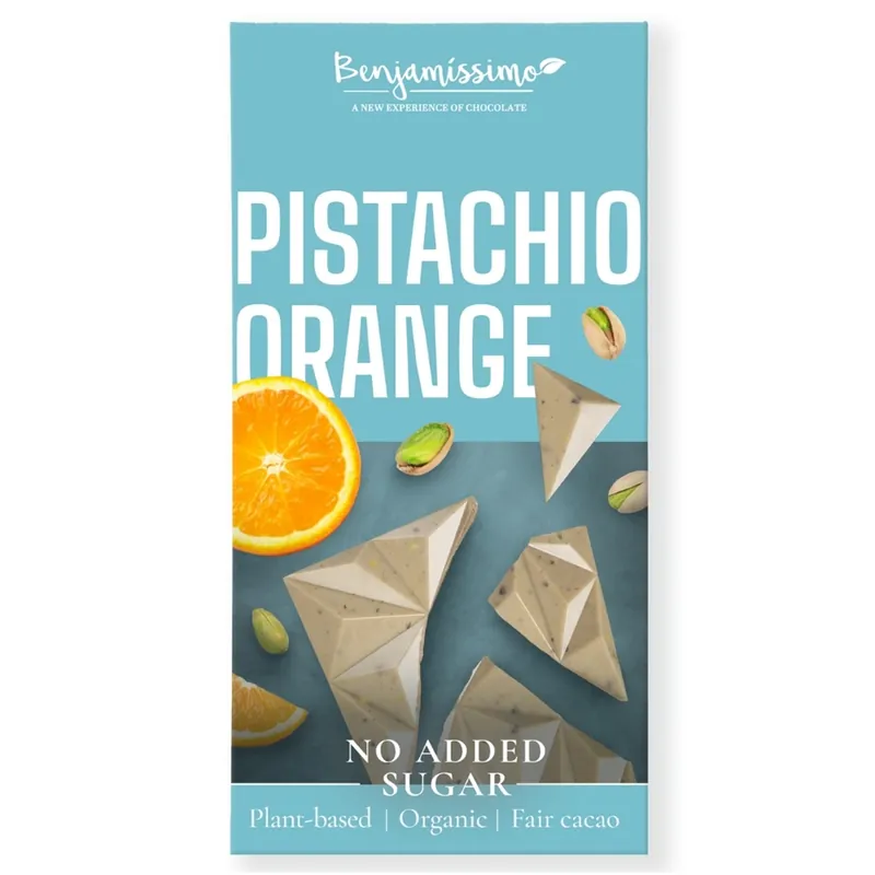Ciocolata alba bio cu fistic si portocale, 60 g, Benjamissimo