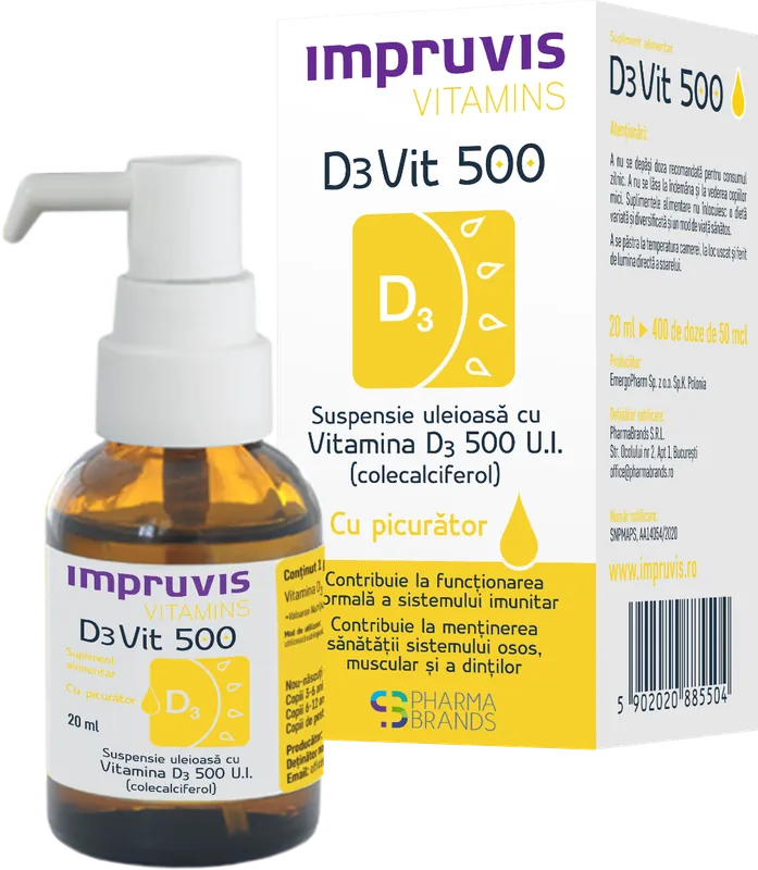 Suspensie uleioasa cu Vitamina D3 500 U.I. spray Impruvis D3Vit, 20 ml, Pharma Brands