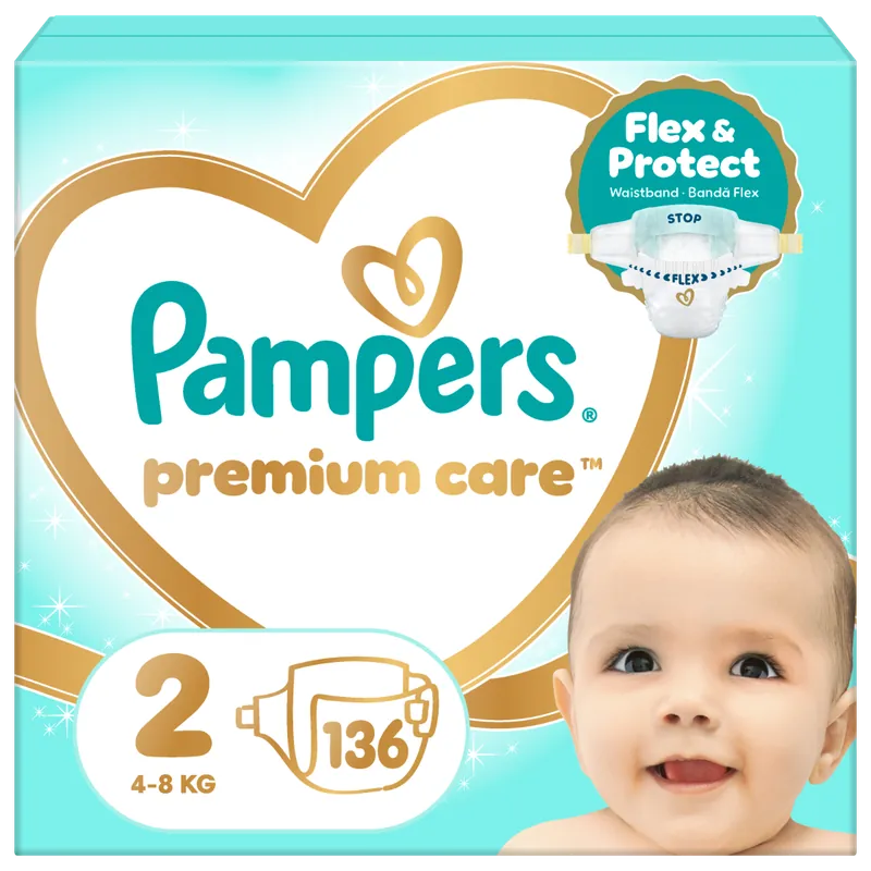 Scutece Premium Care Nr. 2 pentru 4-8 kg, 136 bucati, Pampers