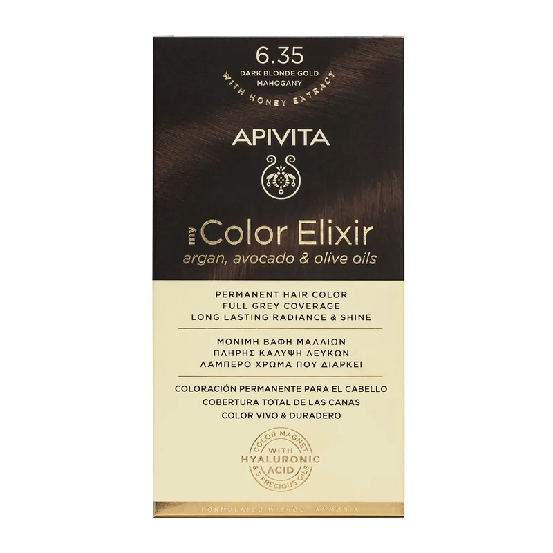 Vopsea de par My Color Elixir, N 6.35 Dark Blonde Gold Mahogany, 155 ml, Apivita