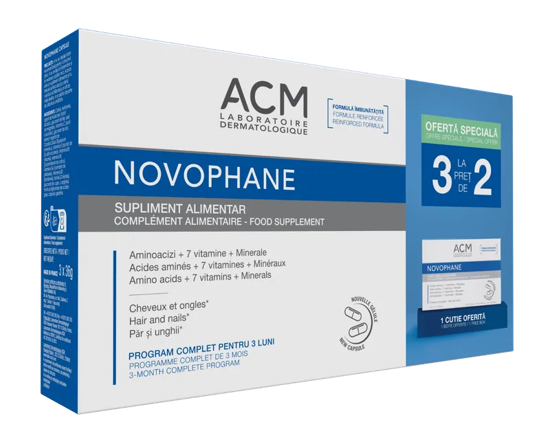 Pachet 3 la pret de 2 pentru unghii si par Novophane, 3 x 60 capsule, ACM