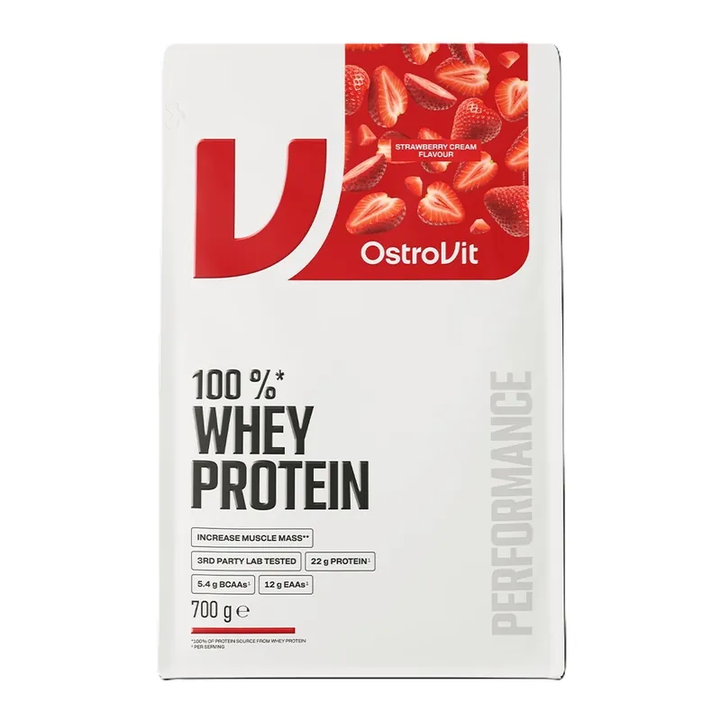 Pudra proteica din zer cu aroma de capsuni 100% Whey Protein, 700 g, OstroVit