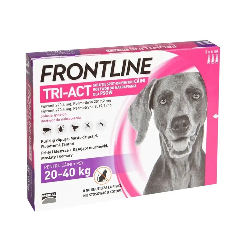 Frontline Tri – Act câini (20–40 kg), antiparazitar extern, soluție spot – on, 4 ml, 3 pipete – Boehringer Ing.Animal Health FR