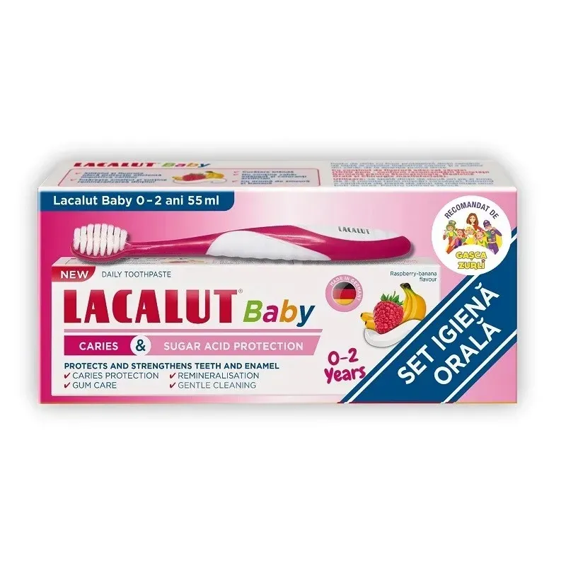 Set Pasta de dinti protectie anticarie si zaharuri si periuta de dinti Baby 0-2 ani, 55 ml, Lacalut