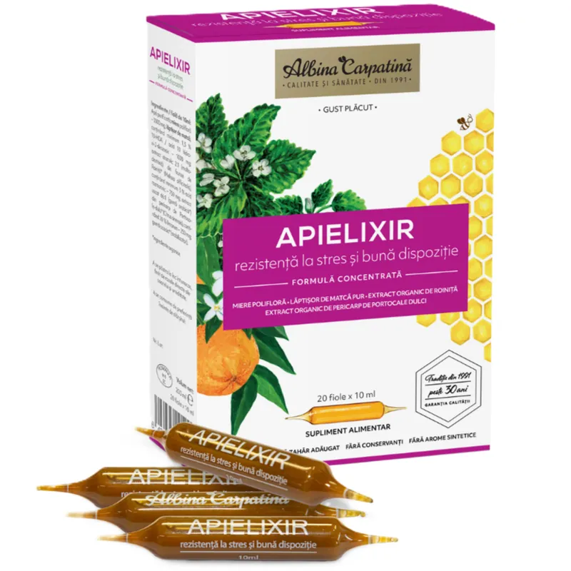 Rezistenta la stres si buna dispozitie Apielixir, 20 fiole x 10 ml, Albina Carpatina