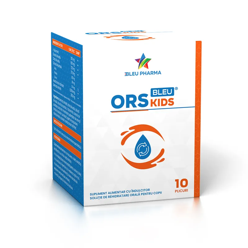 Solutie de rehidratare orala pentru copii ORS Bleu Kids, 10 plicuri x 5.5 g, Bleu Pharma