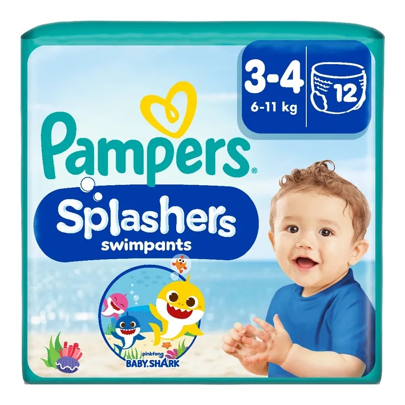 Scutece pentru inot Splashers Baby Shark, Marimea 3-4, 6-11 kg, 12 bucati, Pampers