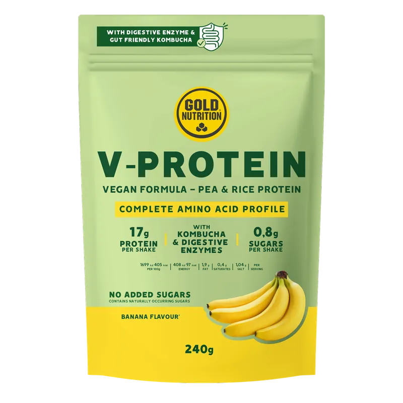 Pudra proteica vegetala cu aroma de banana V-Protein, 240 g, Gold Nutrition