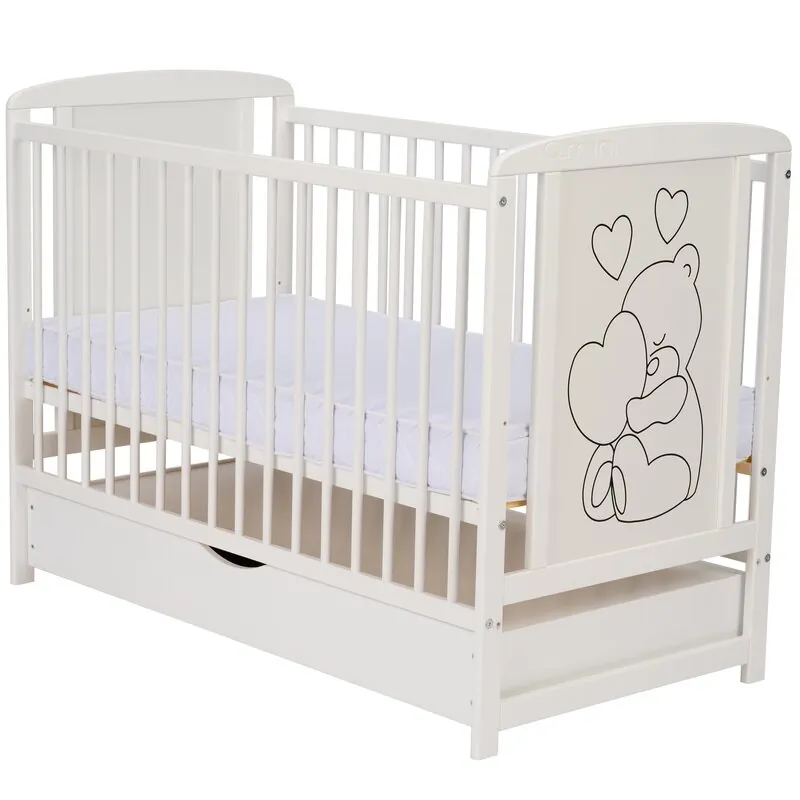 Qmini- Patut din lemn Timmi Heart 120x60 cm, Cu sertar, Din lemn de pin, MDF, Somiera reglabila, Alb