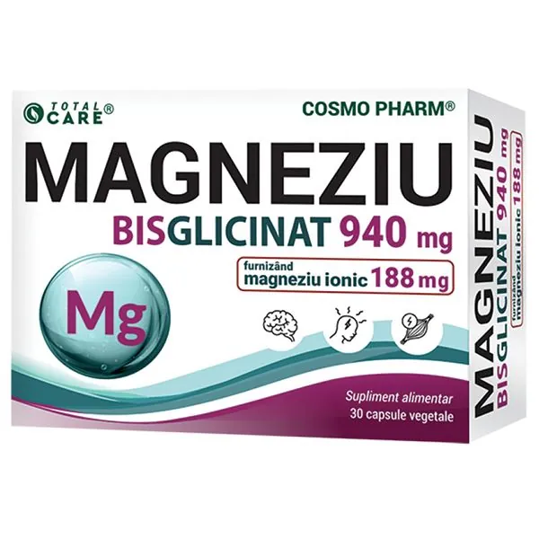 Magneziu Bisglicinat, 940 mg, 30 capsule vegetale, CosmoPharm