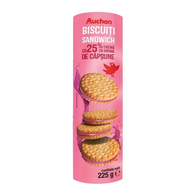 Auchan Biscuiti Sandwich Cream Capsune 225g