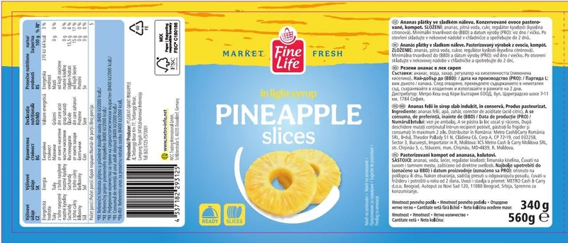FINE LIFE Life Ananas Felii Sirop Slab Indulcit 560g