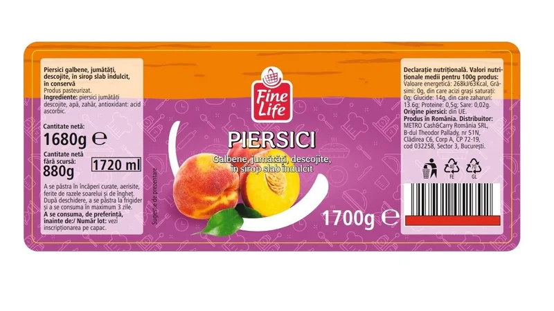 FINE LIFE Life Compot Piersici Decojite 1700ml
