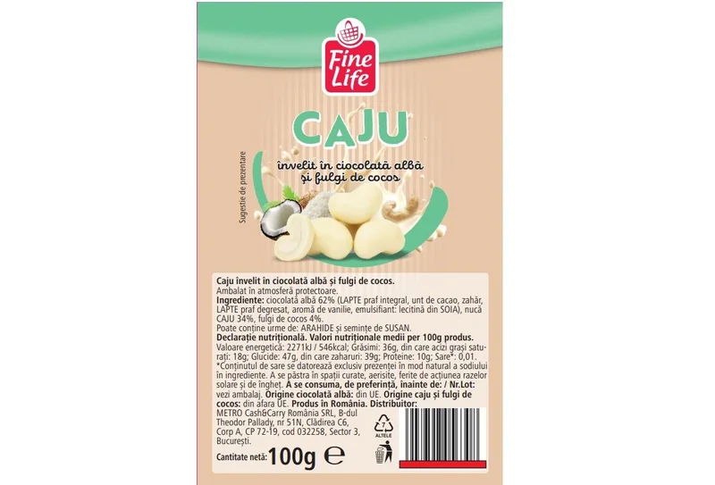 FINE LIFE Life Caju Ciocolata Alba Fulgi Cocos 100g