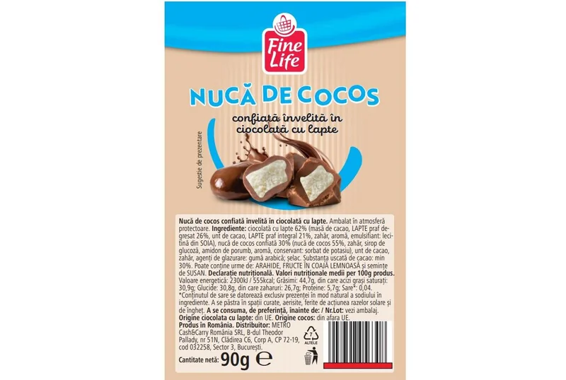 FINE LIFE Life Nuca Cocos Confiata Ciocolata Lapte 100g
